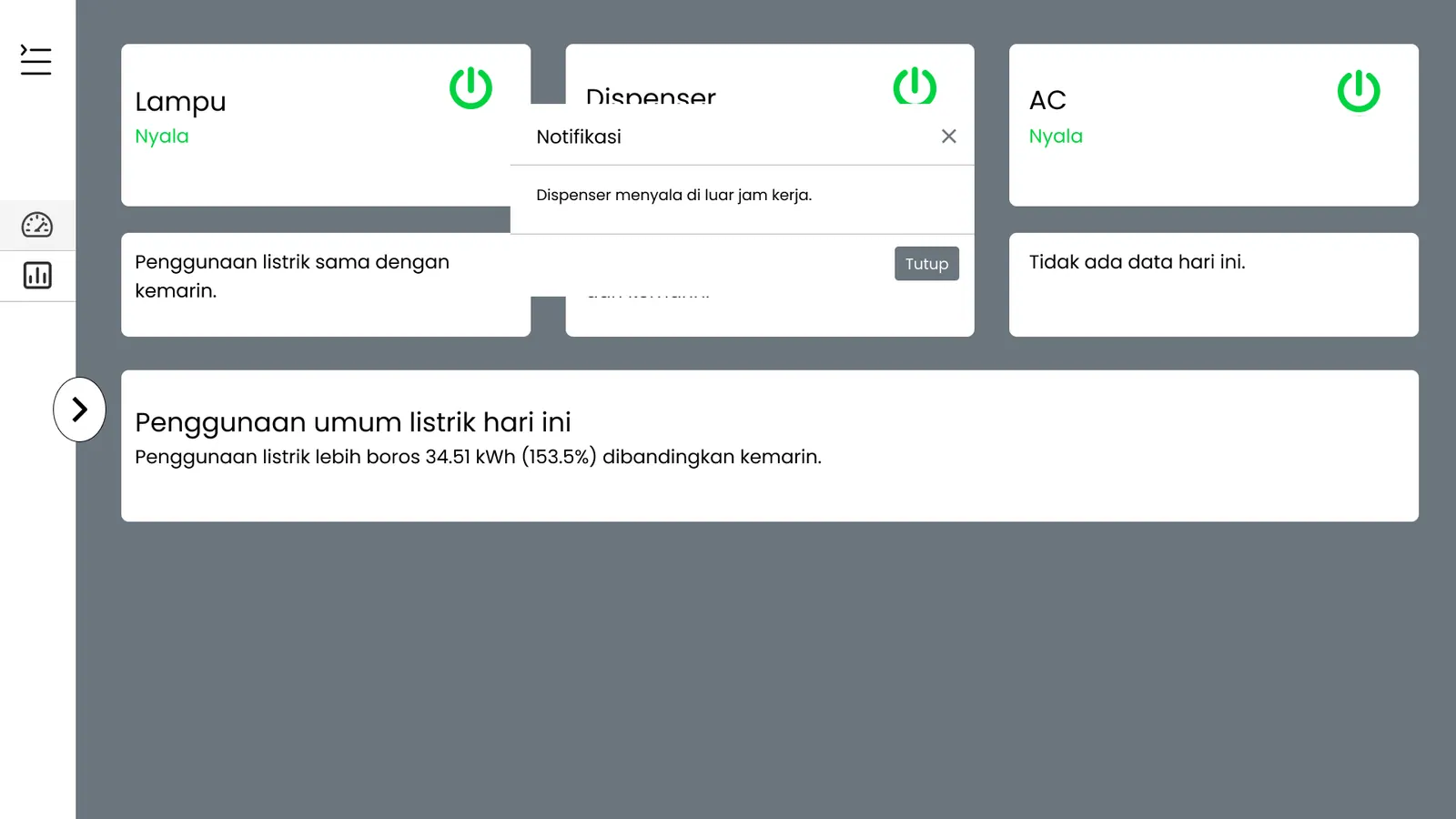 Screenshot 3 of Hematrik — Energy monitoring system tracking real-time activity of electronic devices (lights, dispenser, AC).