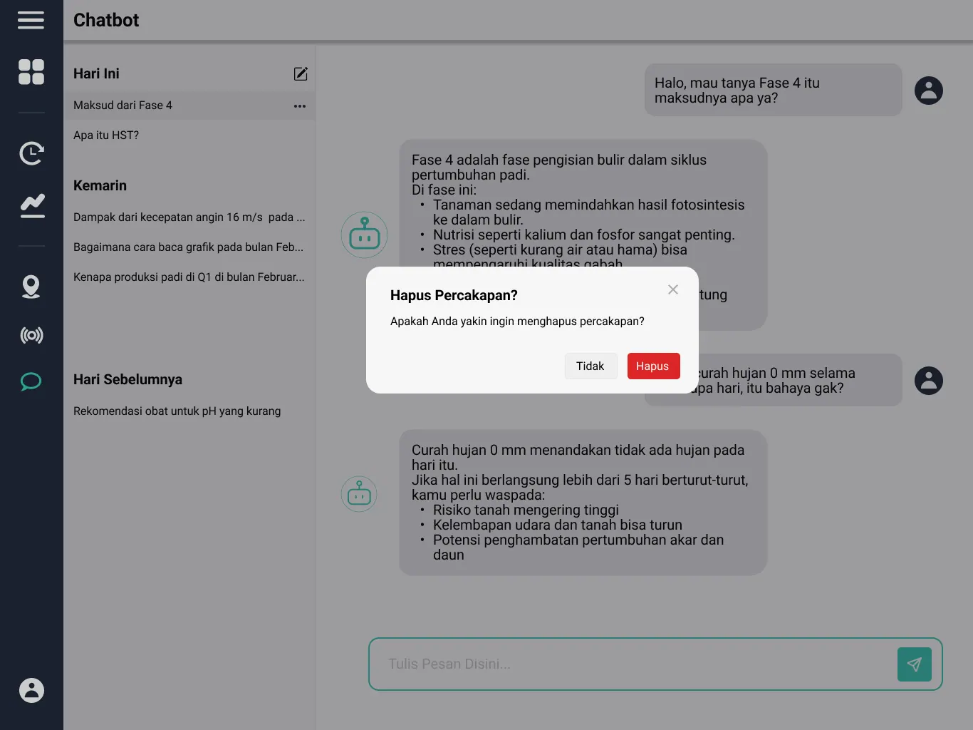 Screenshot 4 of KawalTani Chatbot — AI-powered chatbot for an agricultural monitoring system, answering farming queries in natural language.
