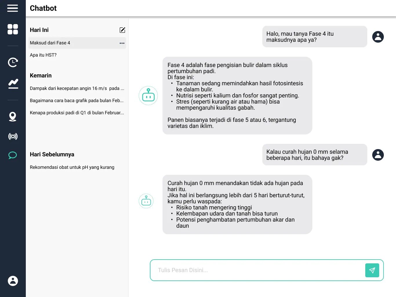 Screenshot 2 of KawalTani Chatbot — AI-powered chatbot for an agricultural monitoring system, answering farming queries in natural language.