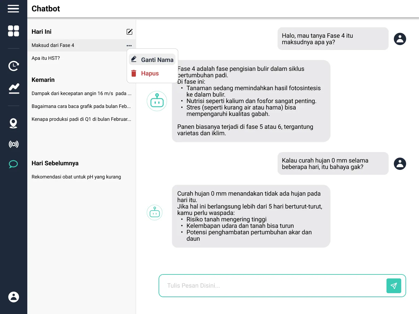 Screenshot 3 of KawalTani Chatbot — AI-powered chatbot for an agricultural monitoring system, answering farming queries in natural language.